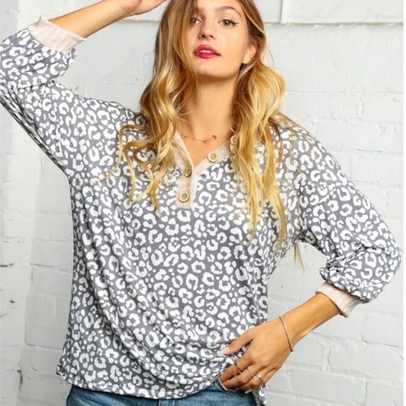 Charcoal Gray & Taupe Animal Print Blouse - Picture 2 of 6